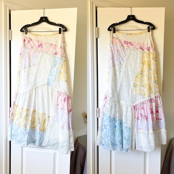 LoveShackFancy Obelia Silk Maxi Skirt Patchwork Rainbow Clouds 8 EUC - Picture 2 of 9